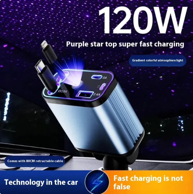 Cargador de Coche Flexible con Diseño de Cielo Estrellado, Carga Rápida de 120W (Compatible con Type-C y Apple)
