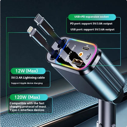 Cargador de Coche Flexible con Diseño de Cielo Estrellado, Carga Rápida de 120W (Compatible con Type-C y Apple)